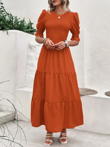 Miniatura 52 de BTFBM Vestidos para mujer, cuello redondo, casual, de verano, con volantes, manga corta, bohemio, con niveles, fruncido, largo, con estampado floral