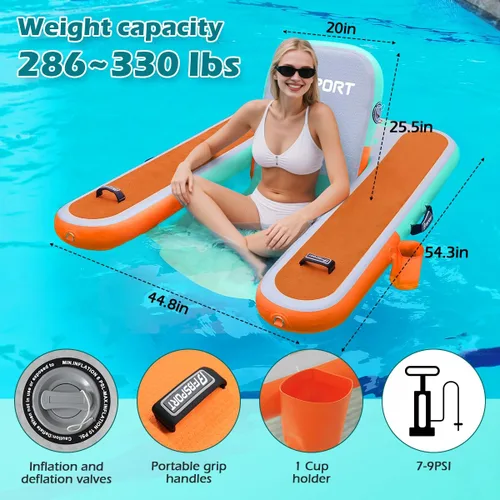 Miniatura 3 de FBSPORT Tumbona inflable para piscina para adultos, silla flotante de agua, balsa flotante de piscina con soporte para tazas y respaldo