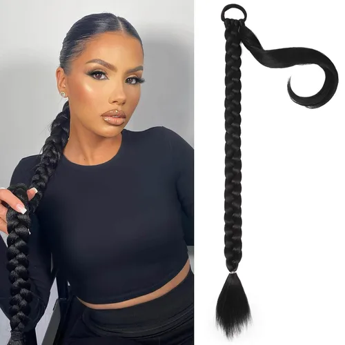 Miniatura 9 de Extensiones de cola de caballo trenzada de 20 pulgadas de largo para mujer, extensiones de cabello lacio envolvente con banda para el cabello, cola