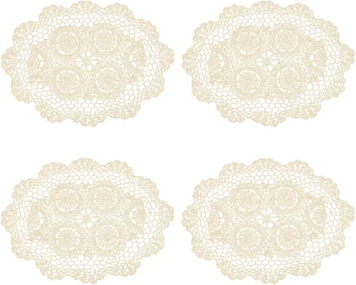 kilofly Manteles individuales de encaje de algodón de ganchillo, 4 unidades, ovalados, beige, 11.8 x 17.7 pulgadas