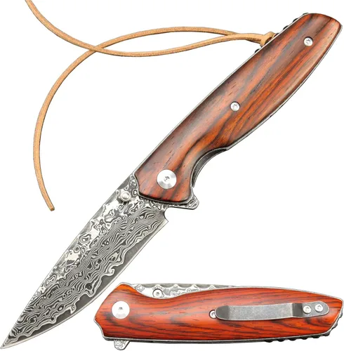 Sitivien ST240 EDC Cuchillo plegable de acero Damasco con mango Dalbergia, bloqueo de hoja de núcleo VG10 y clip para cinturón, cuchillo de 240D