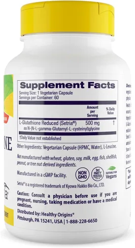 Miniatura 2 de Healthy Origins Setria L-glutatión 500 mg, 60 cápsulas vegetales – Suplemento antioxidante reducido Form Master – Apoya la salud del hígado