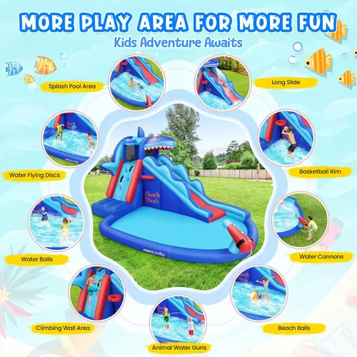 Miniatura 2 de AKEYDIY Toboganes acuáticos inflables, estilo tiburón, parque acuático inflable al aire libre con escalada, borde de baloncesto, piscina
