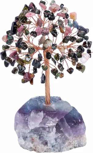 Miniatura 12 de Jovivi Árbol de cristal natural de 7 chakras, cristales curativos crudos, base de fluorita, árbol de dinero bonsái para el hogar, oficina