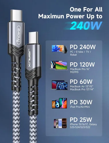 Miniatura 5 de JSAUX Cable USB C de 240 W de 6.6 pies, cable USB C tipo C de carga rápida para MacBook, iPad, Dell XPS, iPhone 17/iPhone Air/iPhone 17 Pro Max, Gris