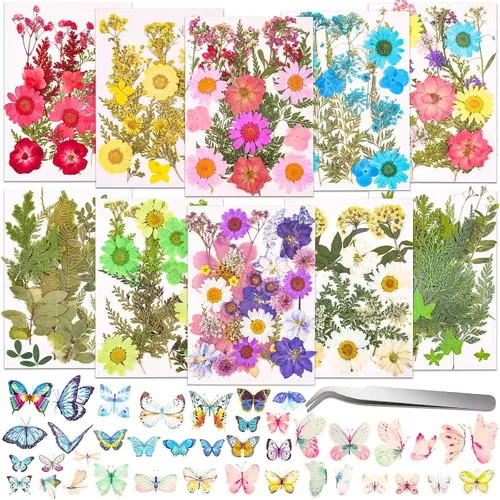 297 calcomanías de mariposa de flores secas prensadas para resina, flores secas naturales reales, hojas a granel con pinzas para suministros de 297