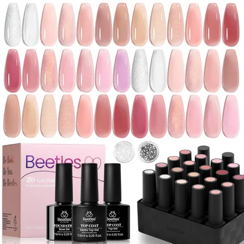 Beetles - Juego de esmaltes de uñas de gel color rosa nude, kit de 25 esmaltes de gel Nude Paradise, 20 colores, rosa gelatina, blanco con purpurina
