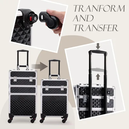 Miniatura 6 de estuche profesional 3 en 1 para maquillaje rodante, estuche de tren de aluminio con ruedas de rotación 360° para artista de maquillaje, maleta