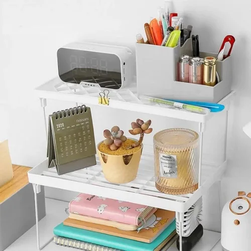 Miniatura 7 de Estante apilable para gabinete, estante plegable de plástico para armario de cocina, estante de almacenamiento de escritorio, estante organizador