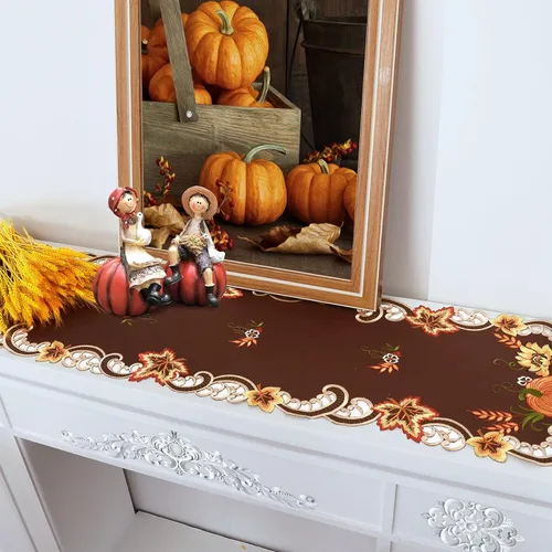Miniatura 6 de Caminos de mesa bordados marrones de cosecha de Acción de Gracias para decoraciones de otoño u otoño (14 x 34 pulgadas)