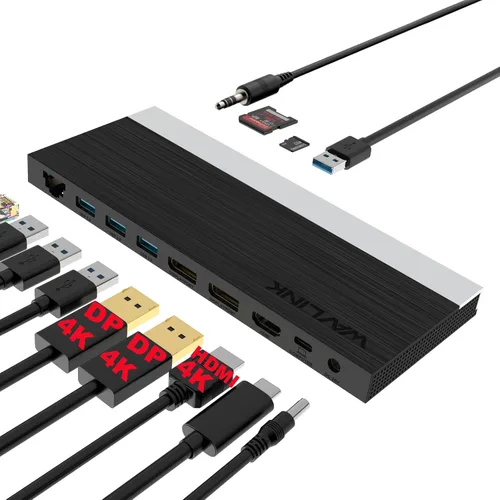 WAVLINK Estación de acoplamiento USB C, carga PD de 100 W, adaptador triple tipo C de pantalla 4K (HDMI, 2 DisplayPort, Ethernet, 4 USB 3.0, lector