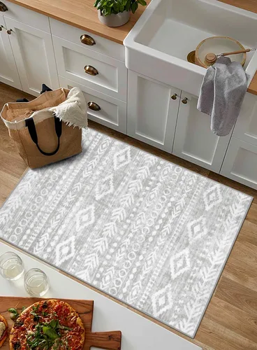 Miniatura 3 de Lahome Alfombra bohemia marroquí para entrada, lavable, de 2 x 3 pies, color gris y blanco, antideslizante, ultra fina, suave, rústica con estampado