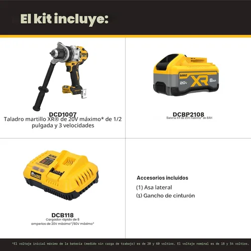 Miniatura 2 de DEWALT Kit de taladro de martillo inalámbrico de 1/2 pulgada MAX XR de 20 V con batería de 8 Ah y cargador (DCD1007WW1)
