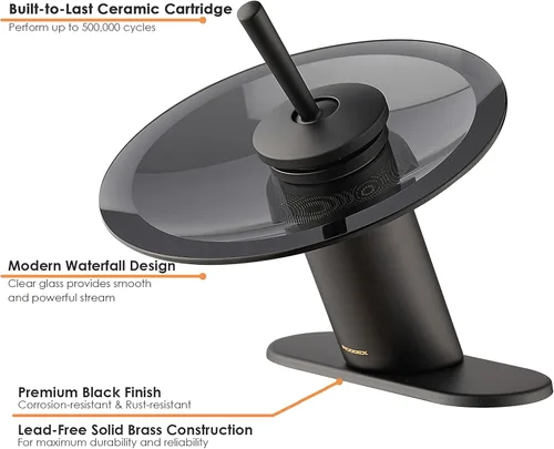 Miniatura 3 de Grifo de lavabo de baño en cascada de latón macizo, moderno círculo de cristal para lavabo, lavabo de un solo agujero, grifos de fregadero de Negro