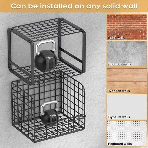 Miniatura 4 de TomCare Paquete de 2 estantes de almacenamiento de garaje montados en la pared con cestas de alambre, estantes de pared de alambre resistentes