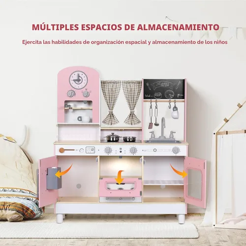 Miniatura 6 de EDUBEBO Juego de cocina para niños, cocina de juego de madera, altura ajustable, viene con varios accesorios de cocina, juguete de juego de rol Rosa
