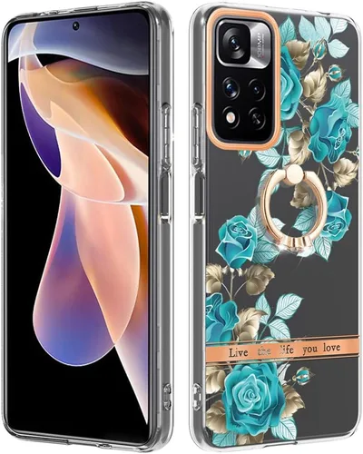 ONV Funda de silicona para Redmi Note 11 Pro 5G – Funda con anillo de metal con purpurina de lujo con flor pintada con flores, funda delgada para