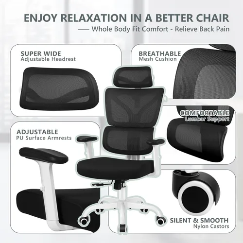 Miniatura 4 de Winrise Silla de oficina y juegos, silla de escritorio ergonómica reclinable con respaldo alto, grande y alta, cómoda oficina en casa, malla Blanco