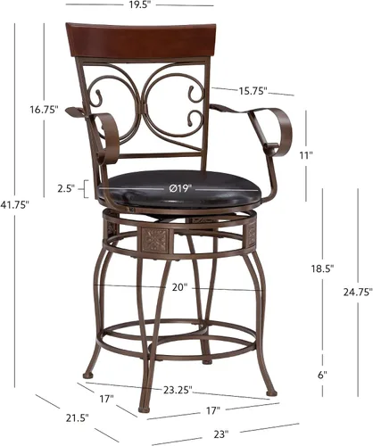 Miniatura 3 de Powell Dayne - Taburete grande y alto de 24 asientos con brazos en metal de bronce oscuro con asiento acolchado de piel sintética marrón oscuro