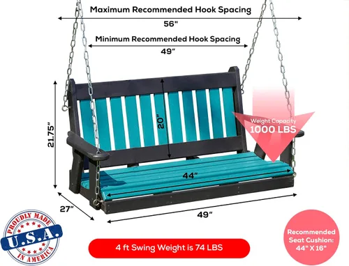 Miniatura 2 de Columpio para porche de 4 pies, color azul aruba, polivinílico, polietileno de alta densidad resistente, duradero, fabricado en Estados Unidos