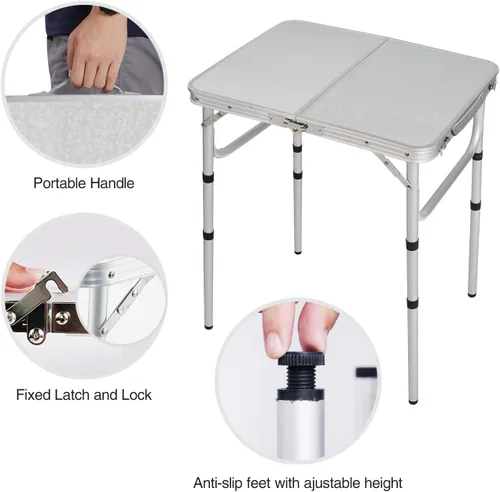 Miniatura 4 de Mesa plegable pequeña de 2 pies portátil con patas de altura ajustable, mesa de campamento de aluminio ligera y resistente para picnic al aire