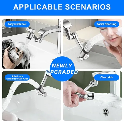 Miniatura 6 de Extensor de grifo giratorio de 1080°, aireador de fregadero con acabado cromado con brazo robótico universal, accesorio de pulverización