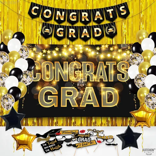 Miniatura 6 de Gran juego de globos de graduación dorados 2022 – Suministros para fiesta de graduación 2022 Decoraciones de graduación en negro y dorado 2022