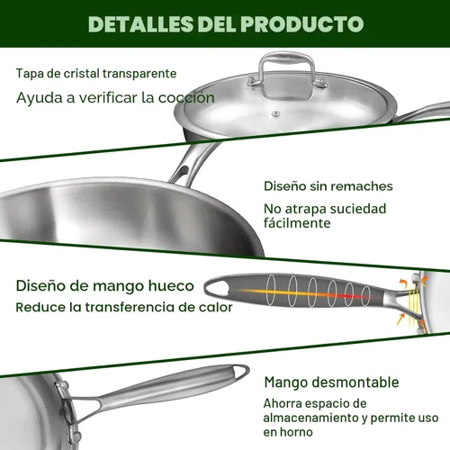 Miniatura 5 de EWFEN Sartén de acero inoxidable de tres capas de 12 pulgadas, compatible con todas las estufas de hasta 600 ℉, sartén grande con tapas, sartén