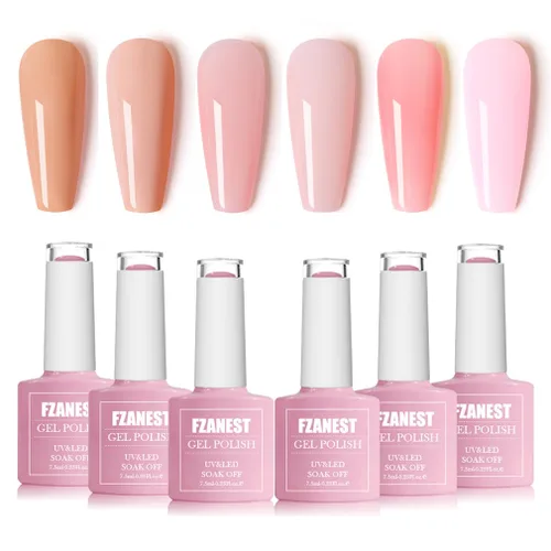 FZANEST Juego de Esmalte de Uñas de Gel Transparente Rosa Desnudo, Kit de Esmalte de Uñas de Gel de 6 Colores, Rosa Natural Translúcido Lechoso, Kit