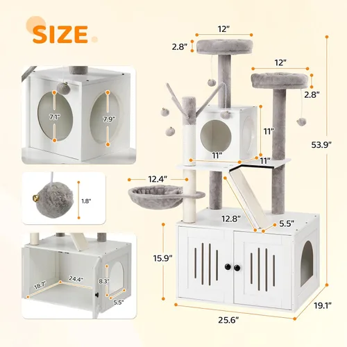 Miniatura 5 de VINGLI Cat Tree Tower with Litter Box, 54" H All-in-1 Wooden Cats Condo, Cat Tower wih Scratching Posts, Houses for Indoor Kittens Hidden Cat