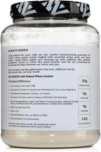 Miniatura 7 de NAKED Proteína aislada de suero de vainilla, solo 4 ingredientes, 1.06 onzas de proteína alimentada con pasto, sin desnaturalizar, sin OMG, sin