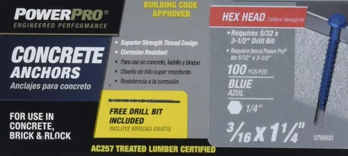 Miniatura 9 de Power Pro Anclajes de tornillo de hormigón con cabeza hexagonal azul (1/4" x 1-3/4") - 100 piezas