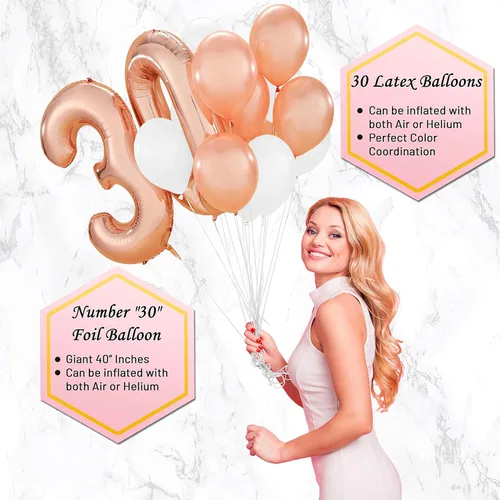 Miniatura 4 de PartyHooman Decoraciones de cumpleaños número 30 para mujer con banda de cumpleaños número 30 y tiara de diamantes de imitación Globos