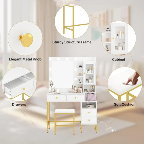 Miniatura 4 de YIKEHOME Makeup Vanity Desk with Mirror, LED Lights and Power Outlet Vanity Table Set with Large Drawers and and Charging Station for Bedroom