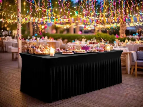 Miniatura 5 de fani Paquete de 2 faldas de mesa elásticas negras para mesa rectangular de 6 pies, manteles elásticos de elastano lavables con falda, mantel