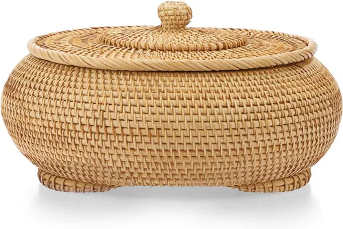 Miniatura 10 de Hipiwe Cajas de Cestas Redondas de Ratán con Tapa Tejidas a Mano, Cestas de Almacenamiento de Mimbre, Contenedor, Cesta Decorativa Multiusos
