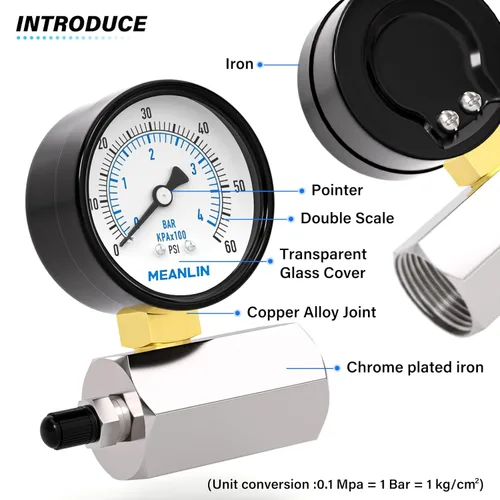Miniatura 3 de MEANLIN MEASURE 0-60Psi 2" medidores de presión de prueba de aire graduados dobles de acero, conexión FNPT de 3/4", precisión de -3-2-3%