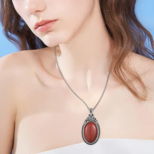 Miniatura 3 de VIJASHOP Collar ovalado de piedras preciosas de acero inoxidable, colgante vintage, piedras semipreciosas, regalo de joyería para mujeres y niñas
