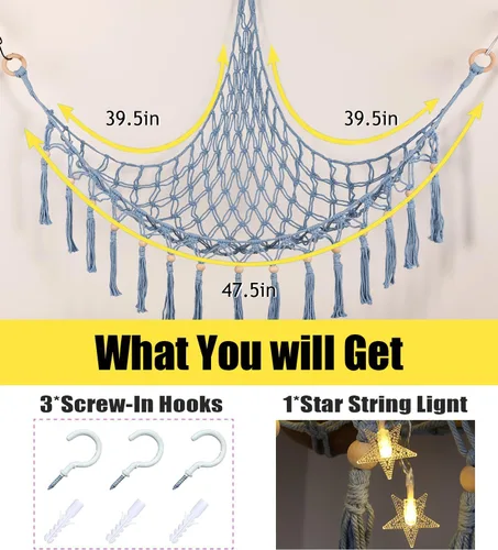 Miniatura 5 de Hamaca de almacenamiento para juguetes de animales de peluche con luz LED - Organizador de habitación jumbo de macramé para muñecas, decoración