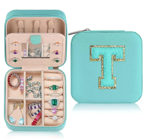 Parima Regalos para niñas adolescentes, artículos de moda para niñas, joyero con inicial, caja organizadora de joyas de viaje azul, caja de joyería