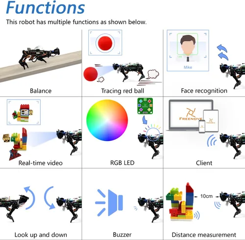 Miniatura 4 de FREENOVE Kit robot para perro Raspberry Pi 5 4 B 3 B+ Zero 2 W, caminar, autoequilibrio, reconocimiento facial, rastreo de bolas, rango ultrasónico