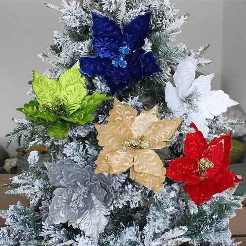 Miniatura 6 de 6 adornos para árbol de Navidad de Pascua con purpurina, flores artificiales de Navidad, accesorios florales con tallo, flores de franela sintética