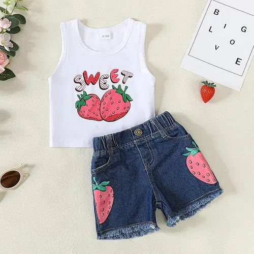 Miniatura 3 de Mikrdoo Ropa para bebé niña pequeña, trajes de verano camisas, tops rasgados pantalones cortos de mezclilla conjunto de ropa para niña pequeña