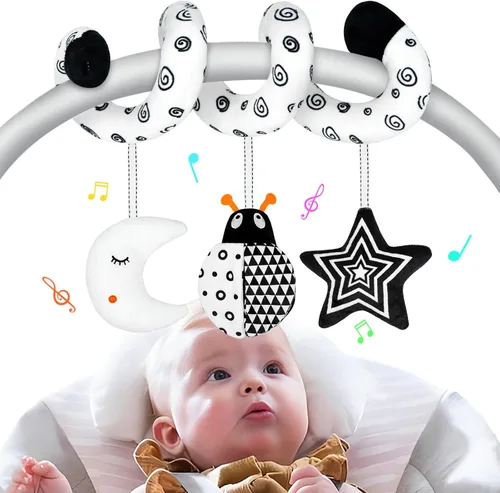 XIXILAND Juguetes de Asiento de Coche para Bebés de 0-6 Meses Niños Niñas, Juguetes para Bebés de Alto Contraste en Blanco y Negro de 0-3 Meses,