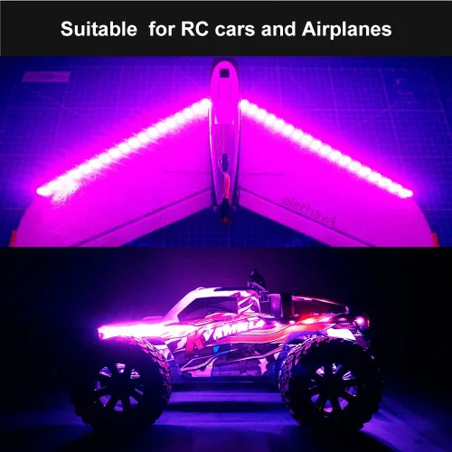 Miniatura 6 de Tiras de luz LED impermeables para autos RC, camiones, aviones, barcos, drones, ala fija, modelo ala AR, luz de resplandor inferior (rosa)