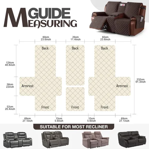 Miniatura 7 de KinCam Funda para Sofá Reclinable Loveseat 100% Impermeable con Consola, Fundas Antideslizantes para Sofá Reclinable de 2 Asientos, Funda de Sofá