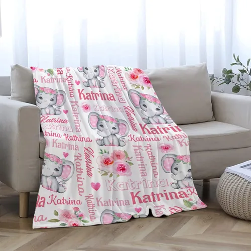 Miniatura 5 de Manta personalizada de elefante bebé para niñas y mujeres, manta personalizada con nombre, mantas de franela suave y acogedora para sofá, cama