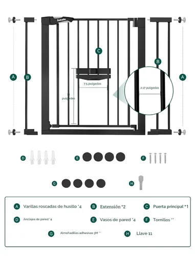 Miniatura 6 de BABELIO Nueva Versión Puerta de Bebé con Puerta para Gatos Ajustable, Puerta de Mascotas de Metal de 29-40" para Escaleras y Puertas, Montaje a Negro