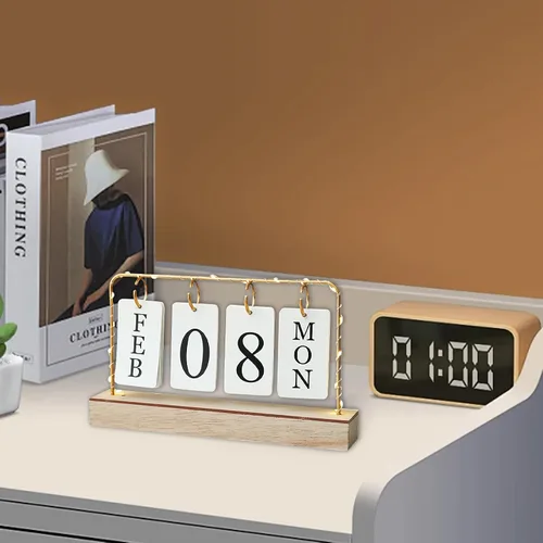Miniatura 4 de Calendario perpetuo de madera abatible con soporte de metal dorado con papel calendario diario mensual con luz para la oficina diaria, decoración