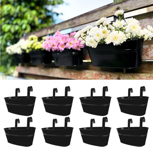 Miniatura 13 de LaLaGreen Jardinera de Barandilla para Exteriores (11.8 Pulgadas, Paquete de 4) Macetas Colgantes de Hierro Negro para Barandillas de Terraza Cubos